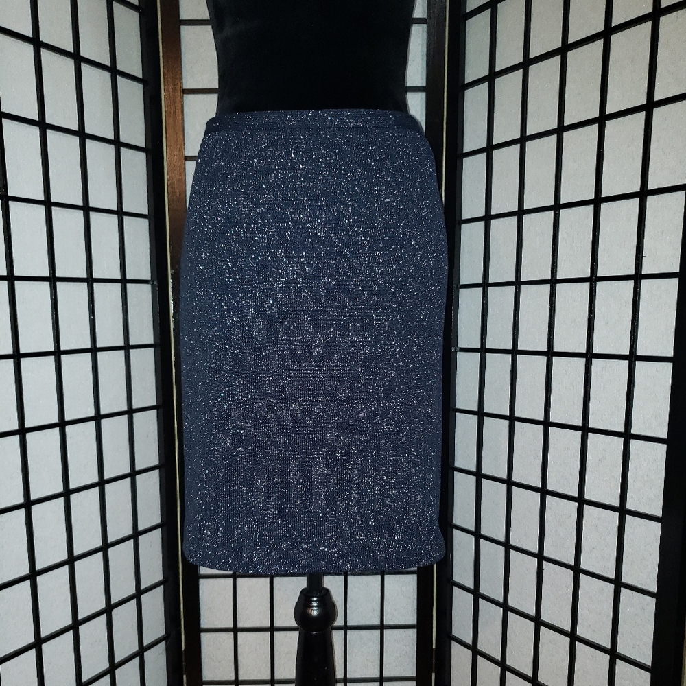 Sioni Knits Navy Blue Silver Metallic Pencil Skirt Size 12
